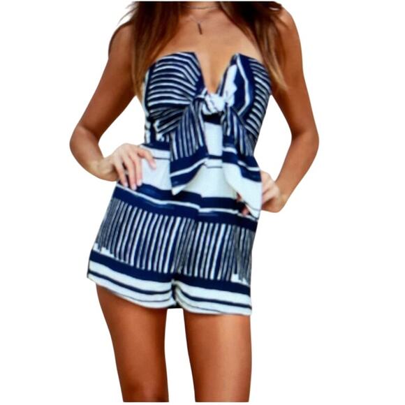 Lulu's Blue & White Striped Tie Front Strapless Romper Size XS - Picture 3 of 14